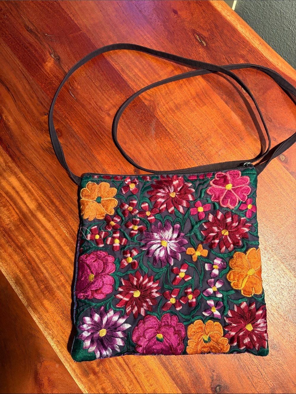Embroidered Floral Crossbody Bag - Green with Multicolor Flowers